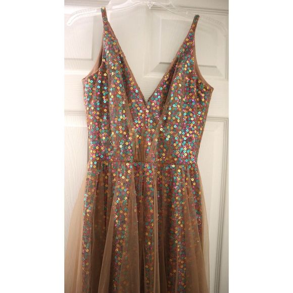 Dress The Population Sz XS Nude/Multi Ensley Sequin Embroidered Tulle Dress $298 - Picture 3 of 13